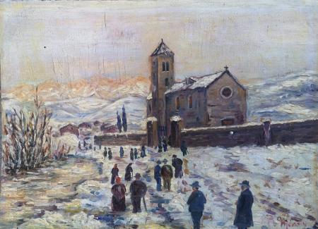 Quadro di firma Illeggibile Paesaggio innevato  - olio tavola 